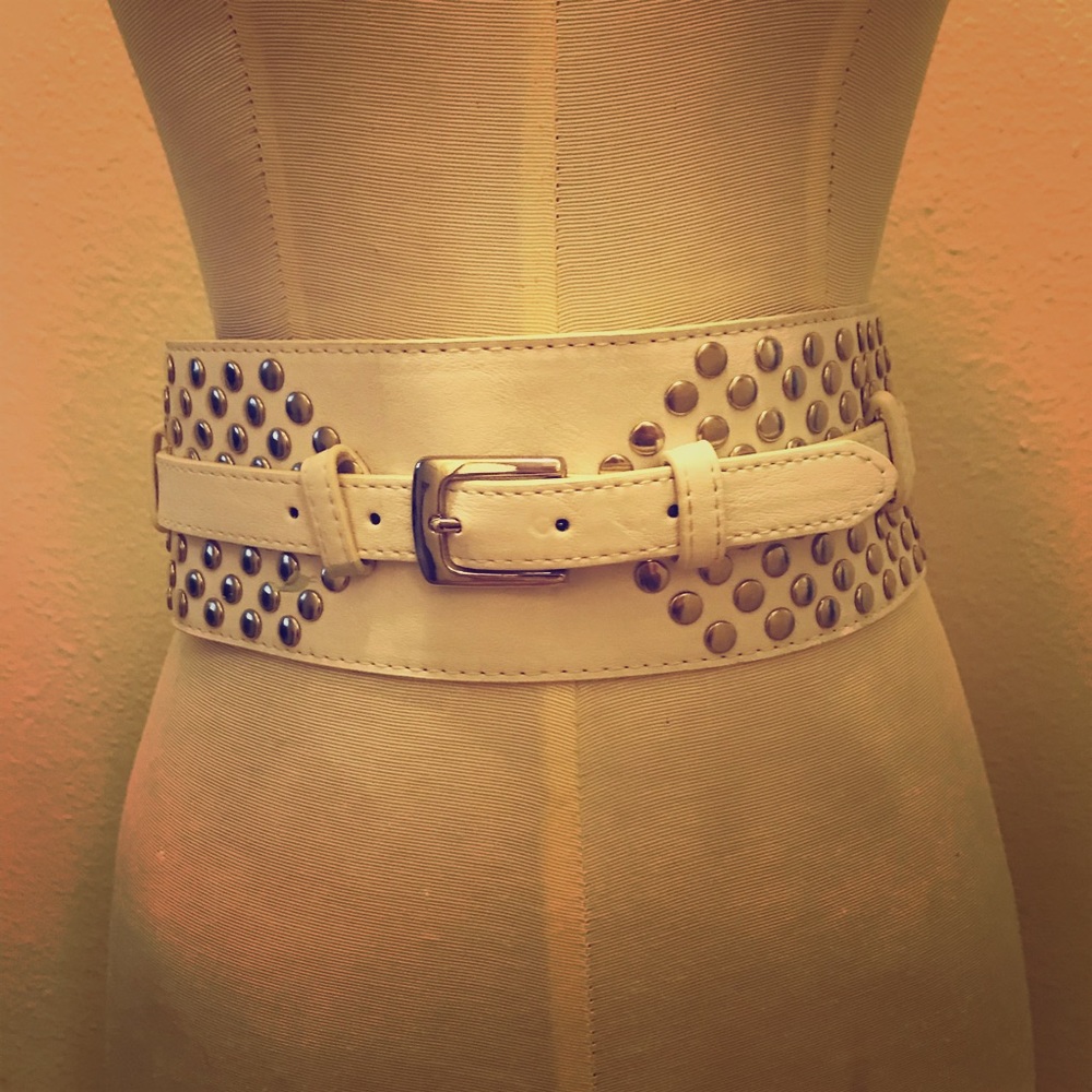 White Faux Leather and Elastic Studded Belt